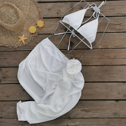 Summer Sexy Lace Bikini 2 Piece Set Women Solid White Halter Bandage Bra Lace Up Briefs Floral Bodycon Skirt Beach Swimwear