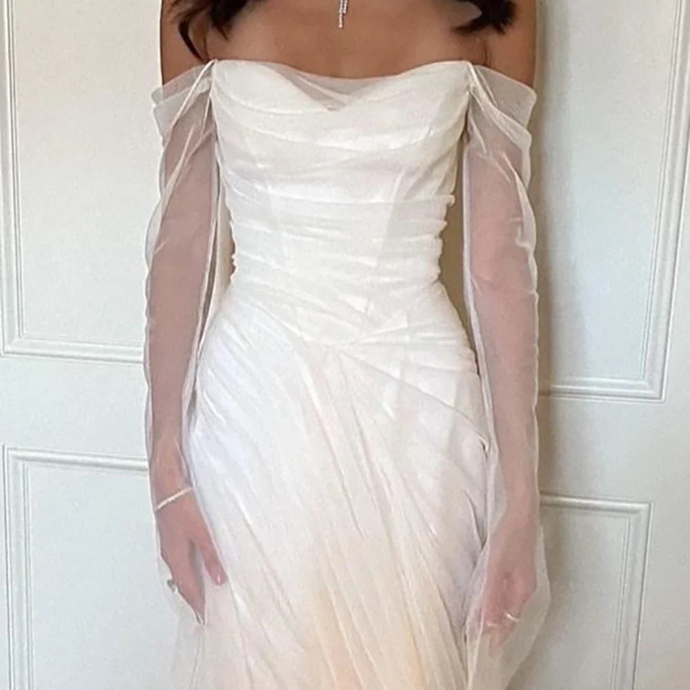 Simple Chiffon Mermaid Wedding Dresses Off-Shoulder Illusion Elegant Birthday Evening Party Dresses Ethereal Fairy Bridal Gown