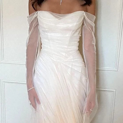 Simple Chiffon Mermaid Wedding Dresses Off-Shoulder Illusion Elegant Birthday Evening Party Dresses Ethereal Fairy Bridal Gown