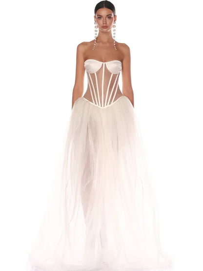 Strapless Sweetheart Corset Boning Sheer Bodice Tulle Ballgown Maxi Dress