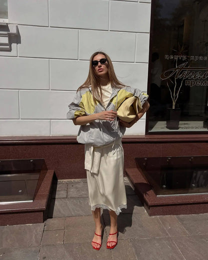 Fashion Satin Lace Patchwork Drawstring Short Skirt Feminine Elegant Slim Fit Midi Skirt Female Summer Streetwear