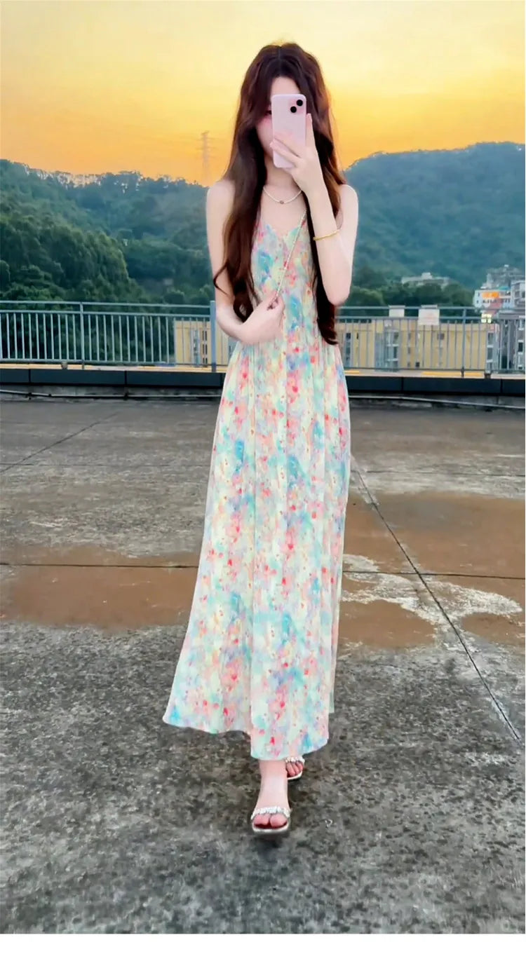 New Pink V-Neck Floral Print Halter Dress Women's Summer Vacation Style Long Dress Tea Break Sweet High Waist A-Line Skirt