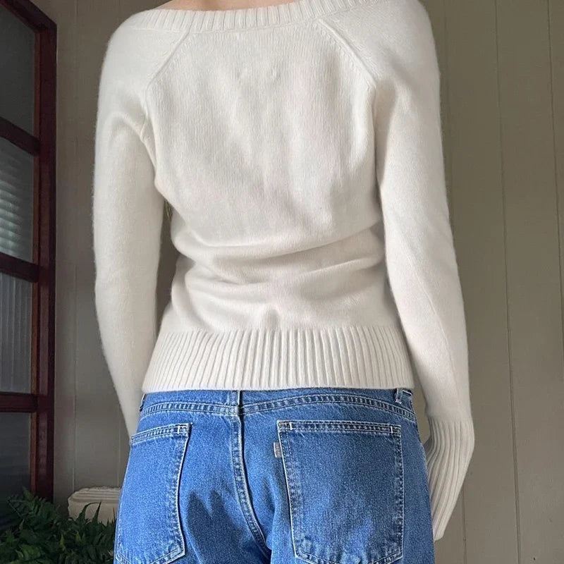 Casual V-neck Sweaters Simple Solid Knitwear Long Sleeve Tops Autumn Winter All-match Slim Fit Pullovers Sweet Homewear