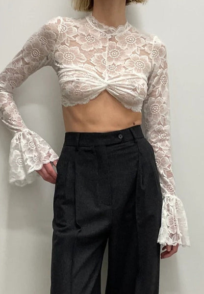 Long Sleeve Lace Charming Mesh Crop Top