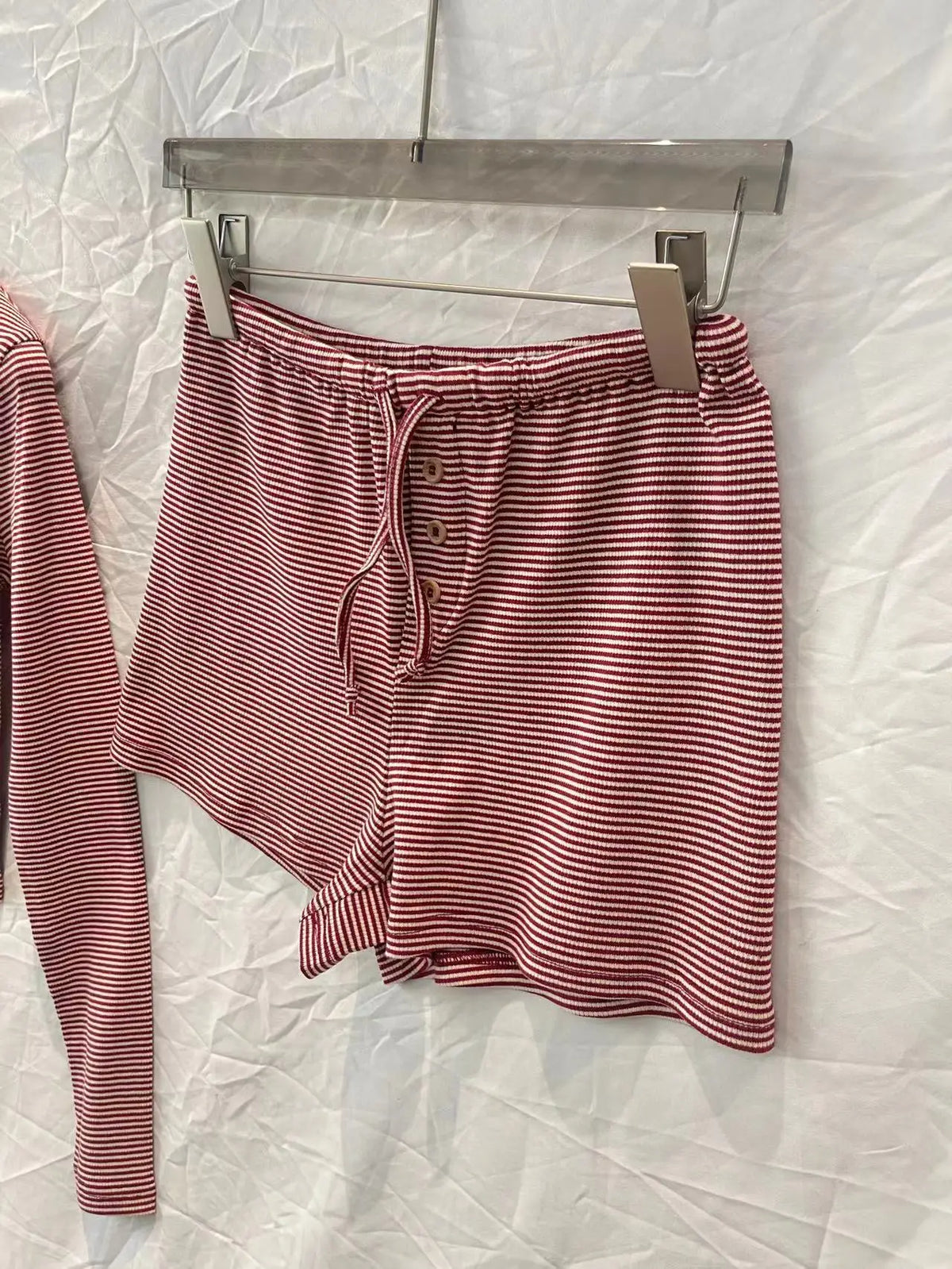Red Striped Y2k Vintage 2 Piece Set Women Buttons O Neck Crop Top Long Sleeve+Drawstring Shorts Sweet Fashion Slim Shorts Sets