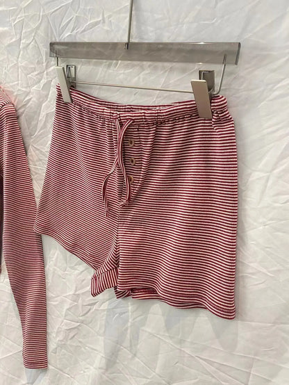 Red Striped Y2k Vintage 2 Piece Set Women Buttons O Neck Crop Top Long Sleeve+Drawstring Shorts Sweet Fashion Slim Shorts Sets
