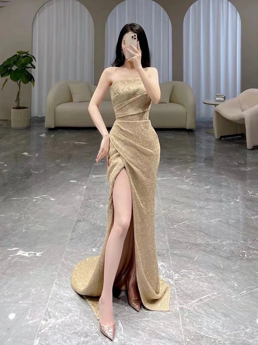 New Sexy Tube Top High Split Mermaid Prom Party Dresses Woman Elegant Long Evening Dresses