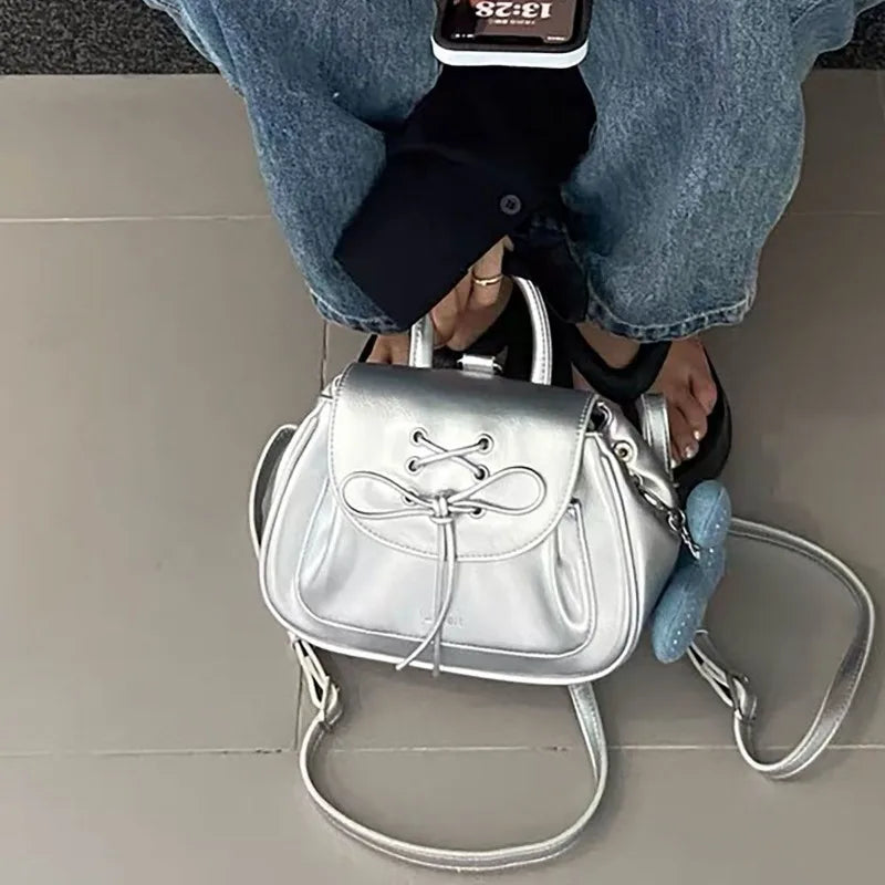 Silver Fashion Womens Shoulder Bag College Style Vintage Small Leather Backpack Sweet Cute Summer Casual Commuter Girl Bag