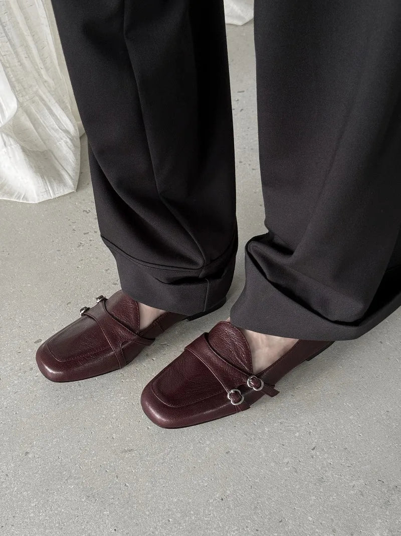 Elegant Burgundy Square Toe Loafers Women Fashion Metal Buckle Stitching Designer Shoes Comfortable Commuting Flat Office Shoes
