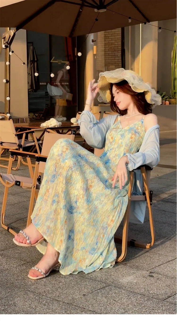 New Pink V-Neck Floral Print Halter Dress Women's Summer Vacation Style Long Dress Tea Break Sweet High Waist A-Line Skirt