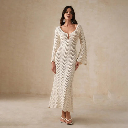 Hollow Out Knit Lace-Up Patchwork Midi Dress