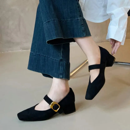 Women's Mary Janes Vintage Faux Suede Pumps Square Toe Dress Shoes Autumn Buckle Strap High Heels Ladies Shoes 1863