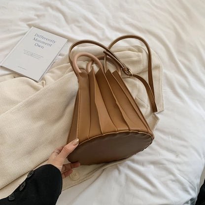 Retro Round Wood Handle Tote Clutch Bag For Women Designer Pleated Striped Bucket Handbag Pu Leather Shoulder Crossbody Bags