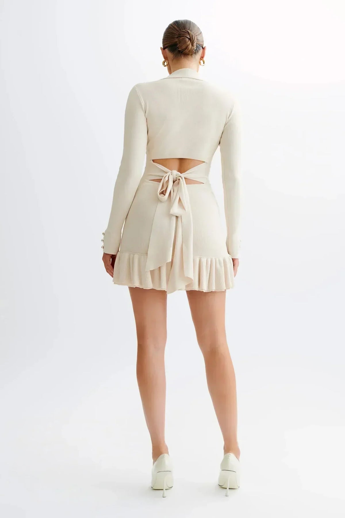 Pointed Collar Button Front Contrast Cuff Ruffle Hem Knit Mini Dress