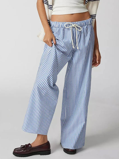 Summer Striped Casual Pants Women 2024 New Rise Low Waist Chic Drawstring Trouser Simple Fashion Wide Leg Pant Female Bottom