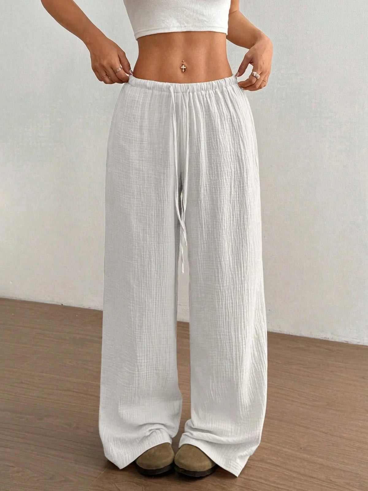 New Style Pure Cotton Fashion Casual Solid Color Loose Wide-Leg Floor-Length Trousers for Women