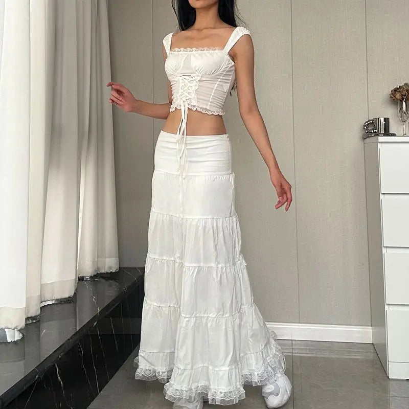 Sweet Hot Girl Sexy Suit for Women's Summer Low Cut Patchwork Straps Top High Waisted Pleated Skirt Two-piece Set Female Clothes