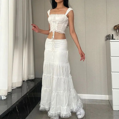 Sweet Hot Girl Sexy Suit for Women's Summer Low Cut Patchwork Straps Top High Waisted Pleated Skirt Two-piece Set Female Clothes