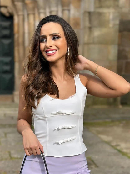 Bow Strap Slim Lace Up Women White Tank Top Fashion Solid Slim Female Crop Tops 2024 Spring Summer Street Lady Shirts Blouses