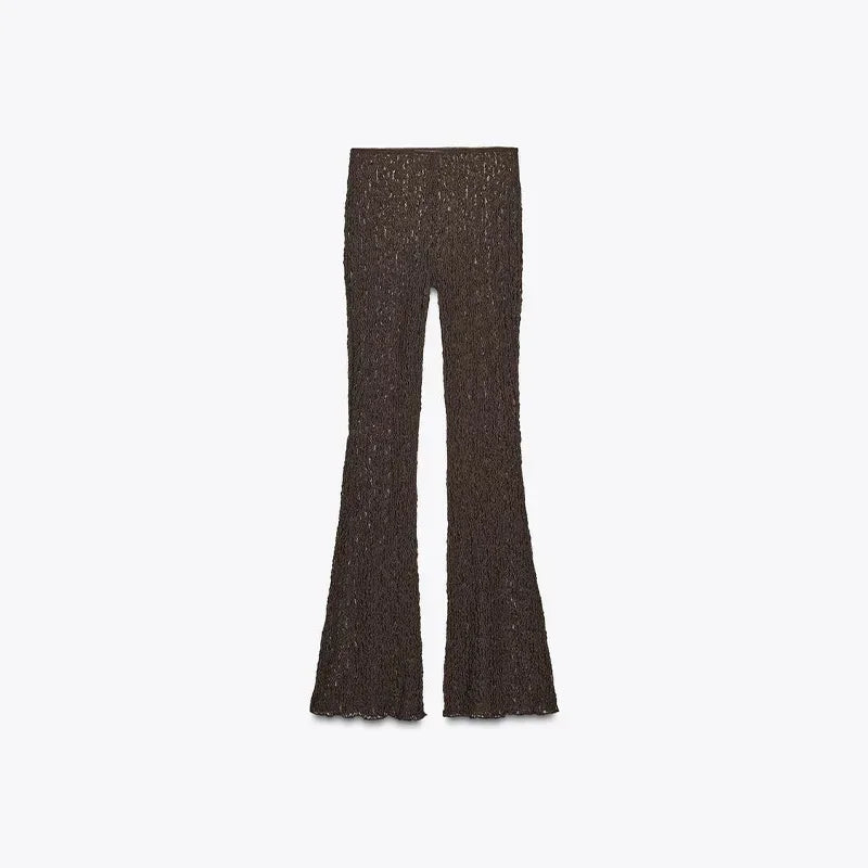 Sexy Lace See Through Pant Set Women Brown Strapless Sleeveless Scarf Tank Flare Long Trousers 2025 Summer Lady Slim Outfits
