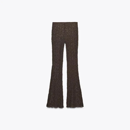 Sexy Lace See Through Pant Set Women Brown Strapless Sleeveless Scarf Tank Flare Long Trousers 2025 Summer Lady Slim Outfits