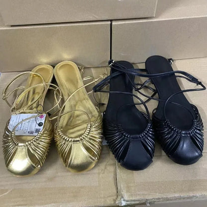 Summer Retro Round Toe Women Gladiator Sandals Ankle Strap Breathable Hollow Out Design Beach Flat Shoes for Female