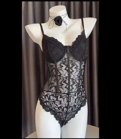 2025 new lei sexy pure desire lace lace mesh sexy street slim thin backless jumpsuit