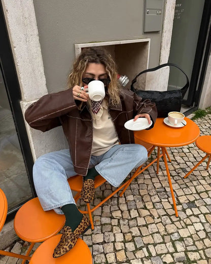 Women Solid Zipper Leather Jacket Fashion Patchwork Lapel Collar Long Sleeve Loose Overcoat Female Autumn High Street Outerwear