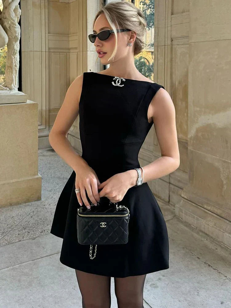 Boat Neck Sleeveless Fitted Waist Flared Skater Mini Dress