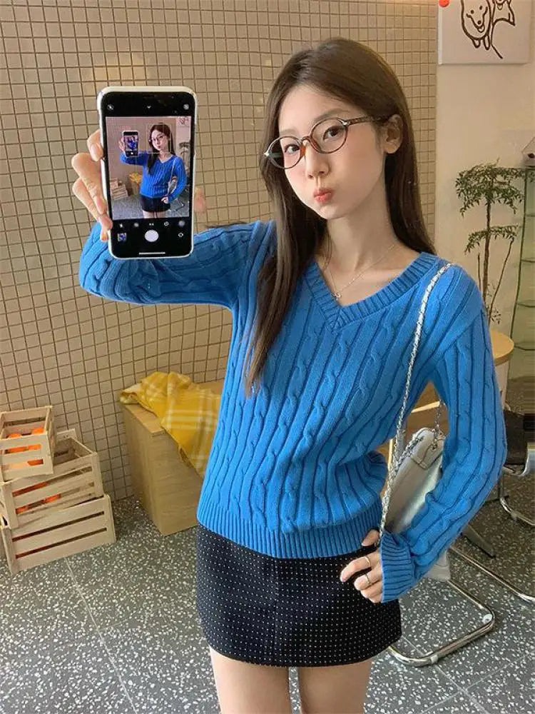 Autumn Winter New Blue Short Knitted Pullover Twists Sweater Korean Fashion Women's V Neck Long Sleeved Versatile Crochet Tops