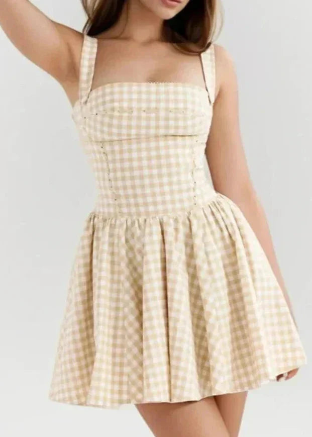 Gingham Check Square Neck Princess Seam Pleated Ball Gown Mini Dress