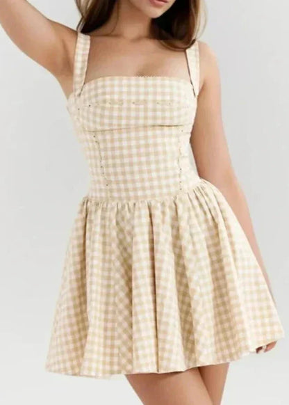 Gingham Check Square Neck Princess Seam Pleated Ball Gown Mini Dress
