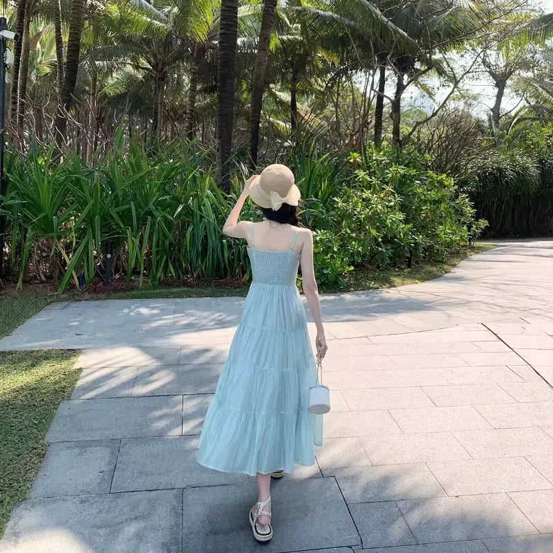 Elegant Vintage Fashion Patchwork Midi Dresses for Women Summer Beach Holiday Spaghetti Strap Casual Party Female Clothing