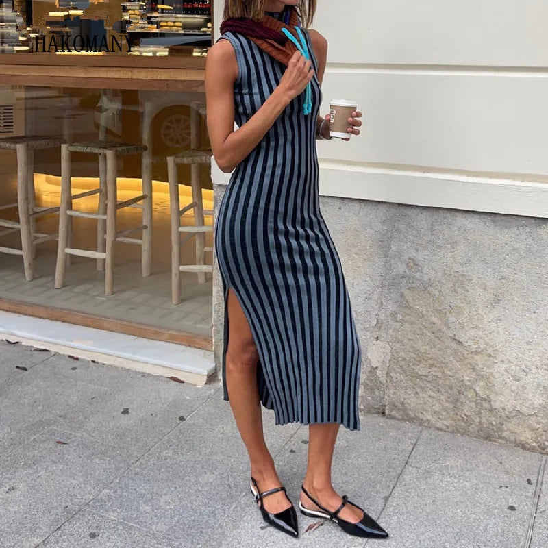 Women Half High Collar Side Slit Hem Sleeveless Sweater Robe Autumn Sexy Contrast Color Striped Knit Dress