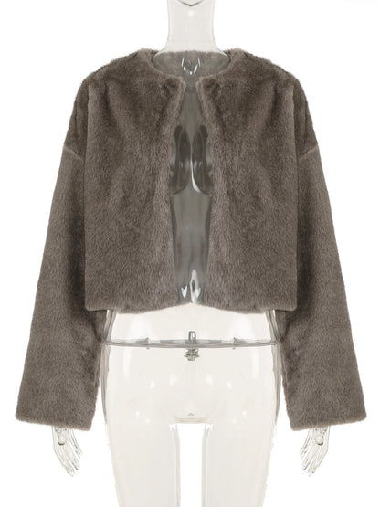 Casual Solid Furry Coats Women Winter Warm Basic Loose Long Sleeve Jackets Fashion Streetwear Korean Style Ladies