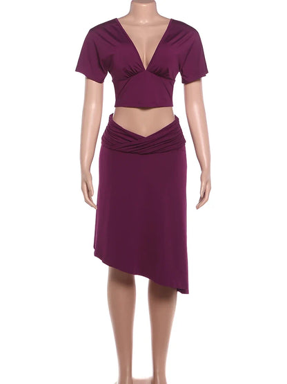 Chic Ruched Elegant 2 Piece Set Woman Trend V-Neck Backless Short Sleeve Crop Tops+Low Waist Mid Skirt Fashion Suit