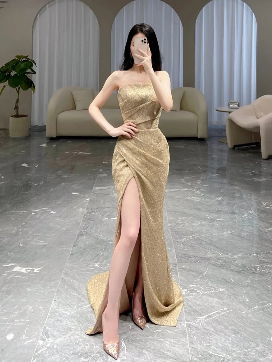 New Sexy Tube Top High Split Mermaid Prom Party Dresses Woman Elegant Long Evening Dresses