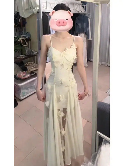 Unique Beautiful 3D Flower Lace Strapless Long Dress Women's Summer Fashion Waist Cinched Gown Holiday Style Citywalk Dress