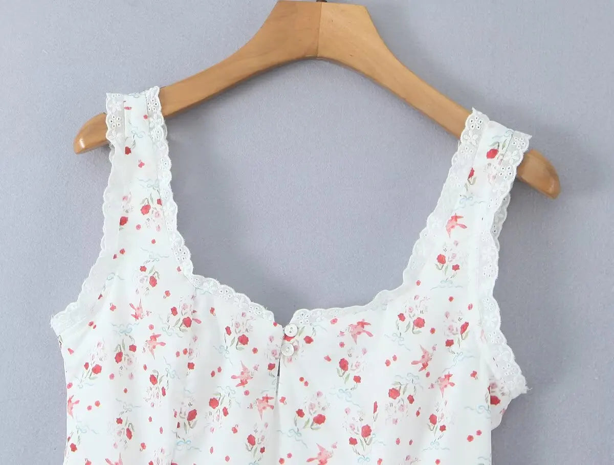 Sweet Girl French Style Floral Print Sleeveless Dress Women Lace Spliced A-line Summer Mini Dress Holiday Robe Vestidos