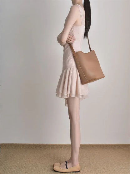 Spring Design High-end Sleeveless Swing Neck Dress Waist Thin Ruffle Edge Irregular Skirt Women's Clothing