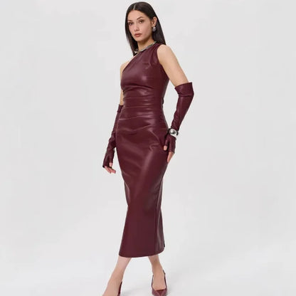 Faux Leather One Shoulder Ruched Bodycon Midi Dress