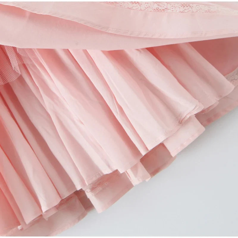 Pink Bow Women's Short Puffy A-line Dress Square Neck Sleeveless Party Dresses Female 2025 Summer Chic Lace Splicing Robe