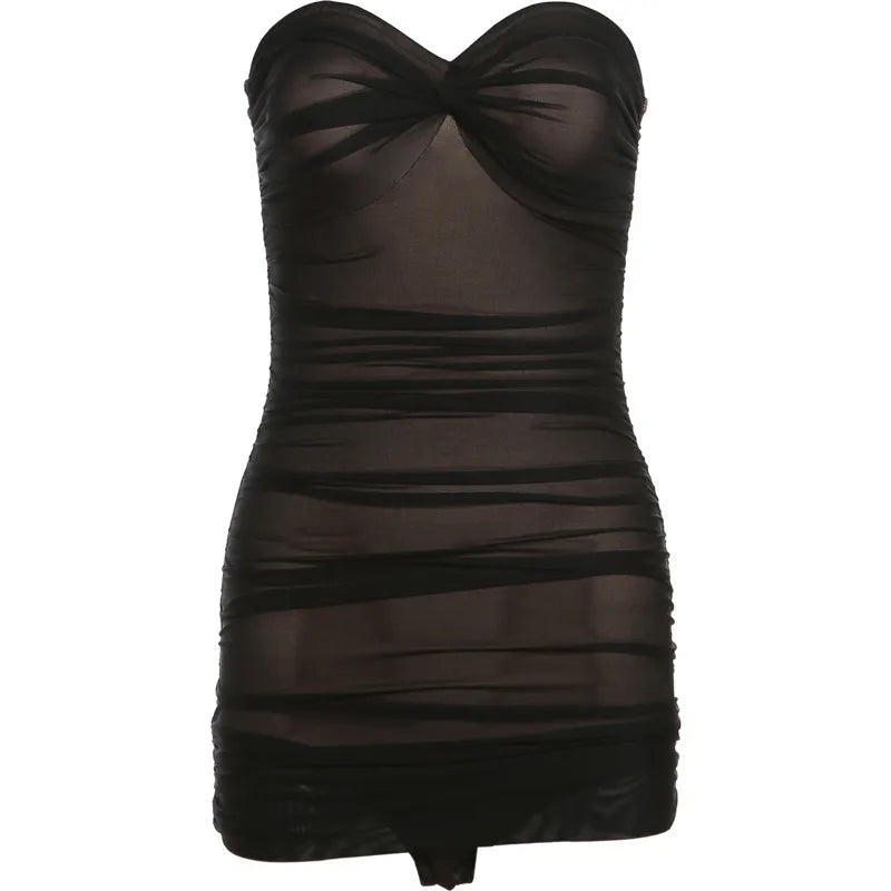 Sexy Sheer Bodysuit Women Summer Double Deck Strapless Solid Folds Skinny Beach Coquettish Fashionable Clubwear Tops