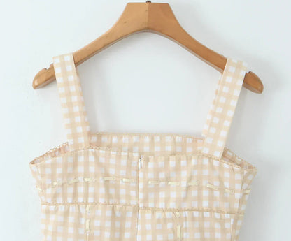 Gingham Check Square Neck Princess Seam Pleated Ball Gown Mini Dress