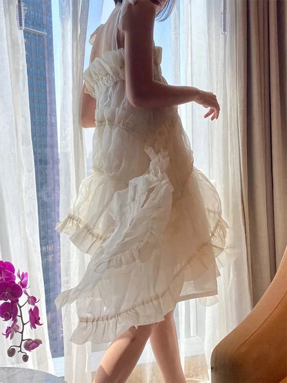 Dark Black Suspender Summer Dress for Women Irregular Ruffles Sweet Fairycore White Dresses Fashion Chic Lady Clothes