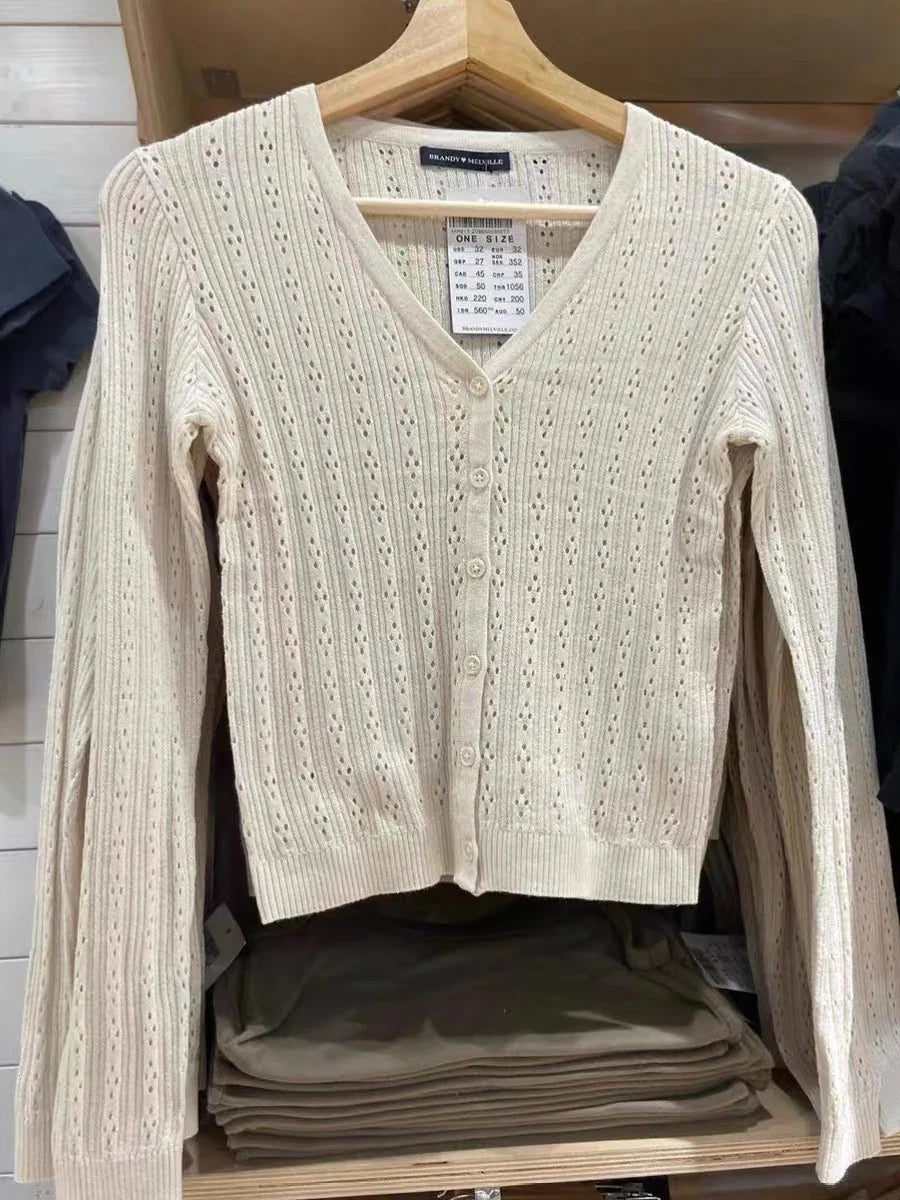 Hollow Out Solid Knitted Tops Women Spring Sexy V Neck Cotton Long Sleeve T-shirt Female Vintage Simple Cute Crop Top Chic