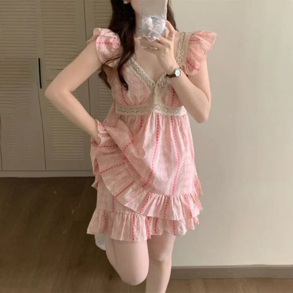 Striped Suspender Shorts Pajamas Ruffle Sleeveless Floral Pajamas Suit Loose with Chest Pad Women's Sleepwear Sets Sleeping