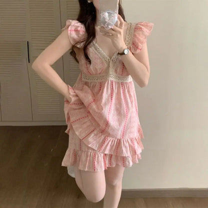 Striped Suspender Shorts Pajamas Ruffle Sleeveless Floral Pajamas Suit Loose with Chest Pad Women's Sleepwear Sets Sleeping
