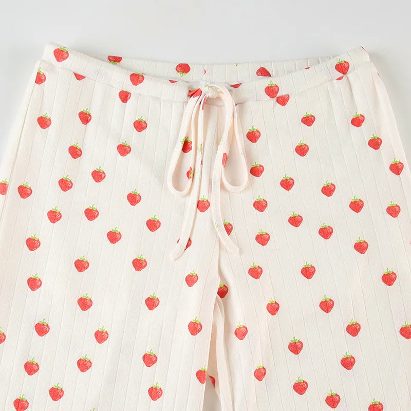 Strawberry Print Eyelet Two-piece Set Women Summer Sleeveless Slim Camis+Drawstring Pants Sets Home Cozy Sweet Casual Pajamas