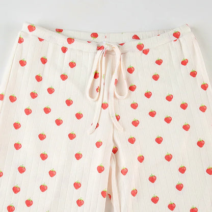 Strawberry Print Eyelet Two-piece Set Women Summer Sleeveless Slim Camis+Drawstring Pants Sets Home Cozy Sweet Casual Pajamas